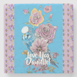 Budgie Watercolor floral Ladies Stone Coaster