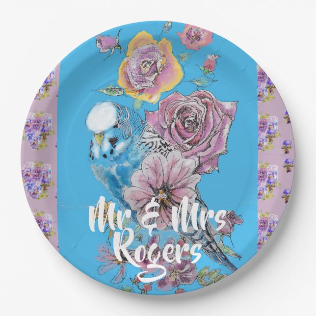 Budgie Watercolor floral lilac Wedding Paper Plate (Front)