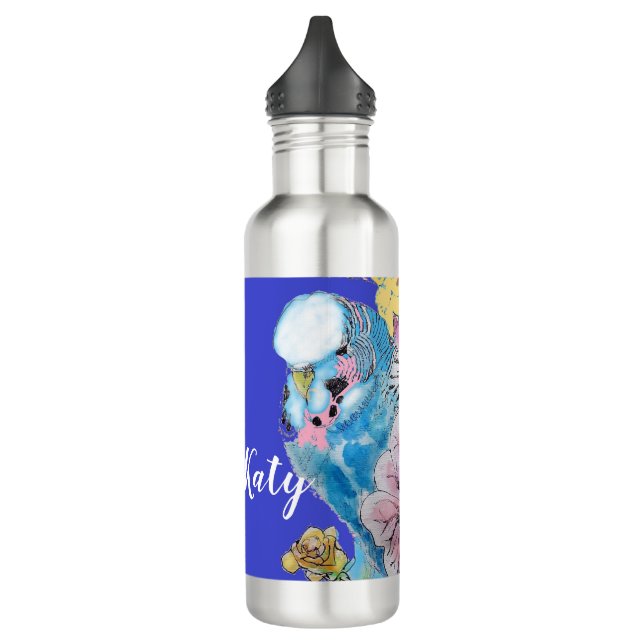 Budgie Watercolor Rose Floral Navy Water Bottle (Left)