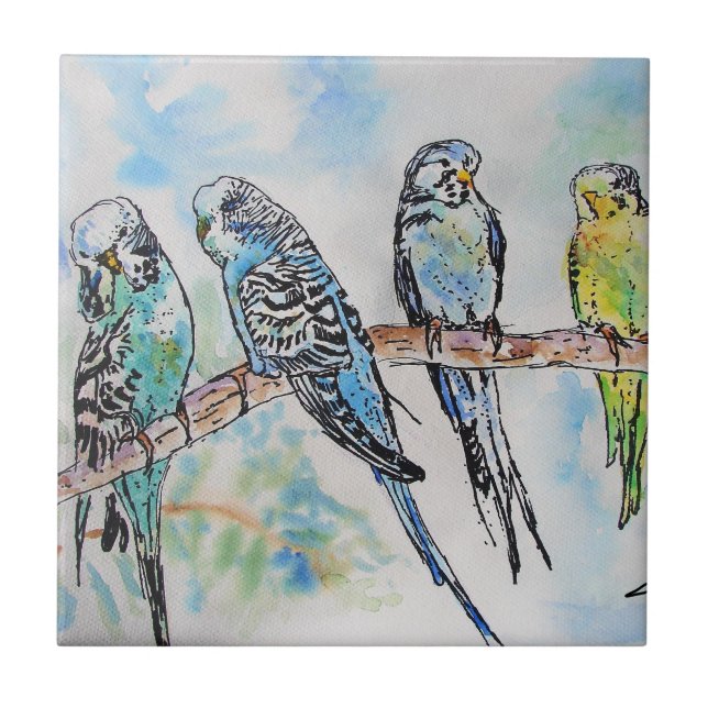 Budgie Watercolour Painting Bird birds Whimsical Tile (Front)