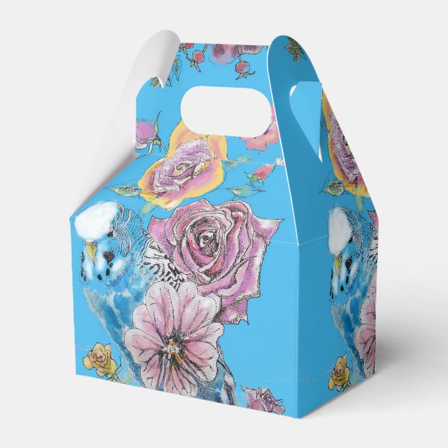 Budgie Wedding Cake Favour Box Blue Roses (Front Side)