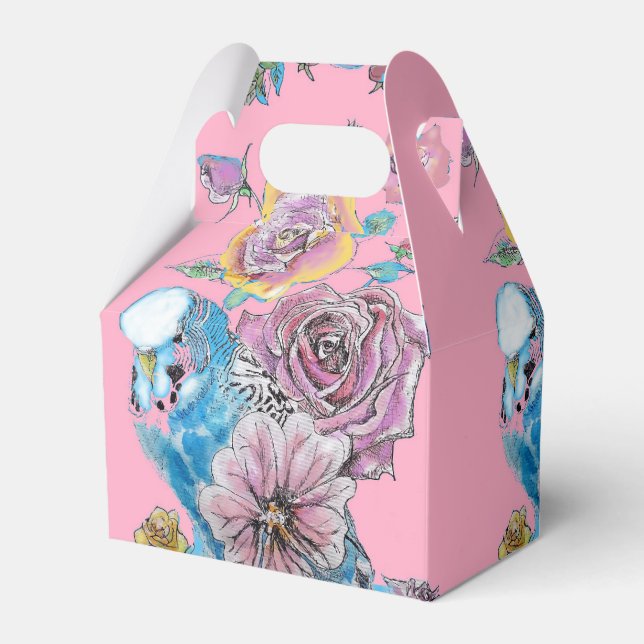 Budgie Wedding Cake Favour Box Pink Roses (Front Side)