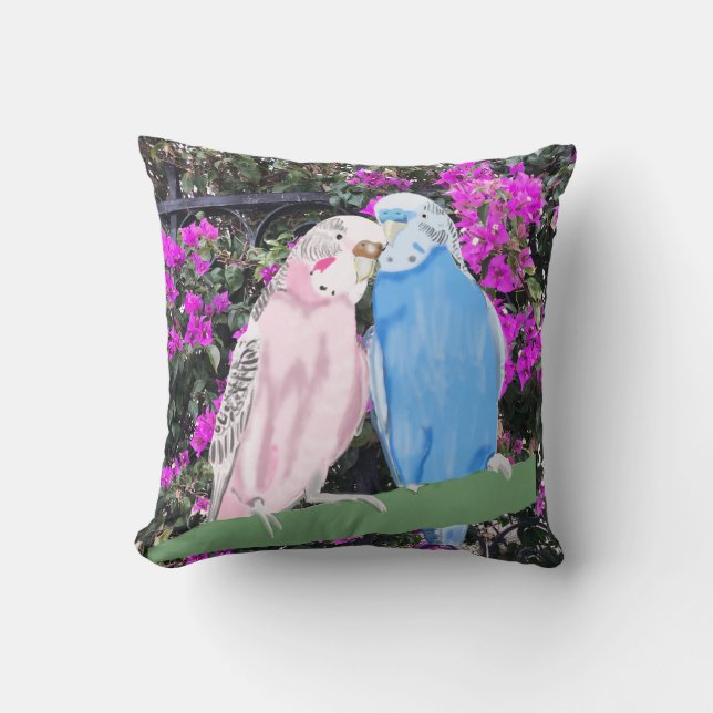 Budgies and Pinky Mauve Bougainvillea Throw Pillow (Front)