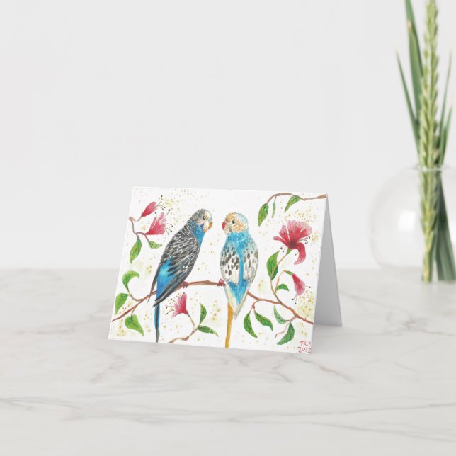 Budgies - carte blanche d'aquarelle originale (Devant)