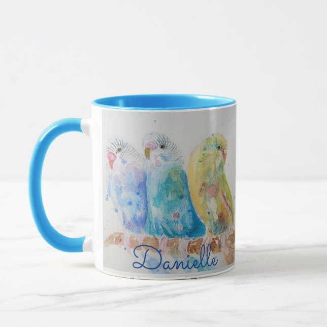 Budgies Three Sitting Branch Watercolor Mug Blue (Left)
