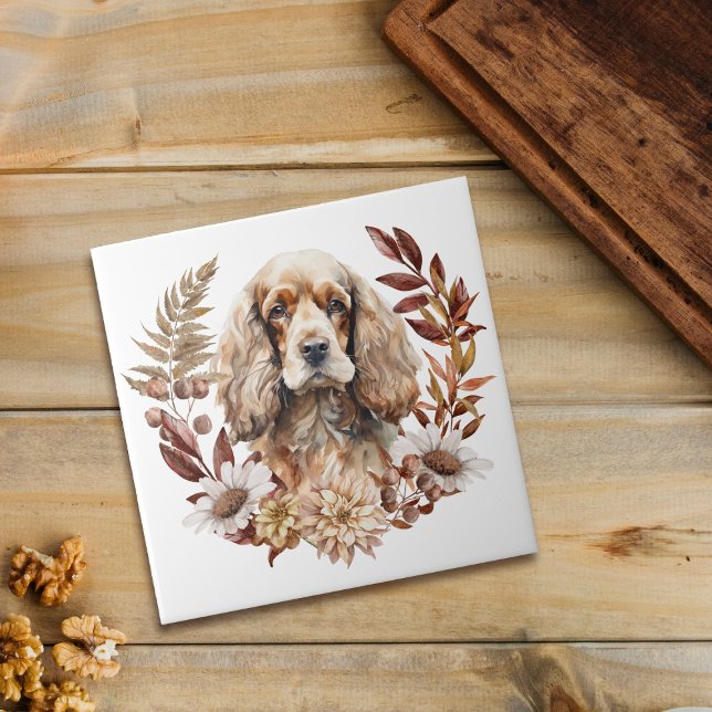 Buff American Cocker Spaniel Dog Autumn Wreath Tile (Creator Uploaded)
