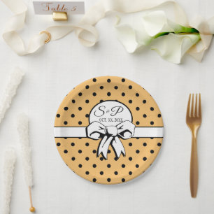 Buff Beige Black Polka Dot White Bow Personalized Paper Plate