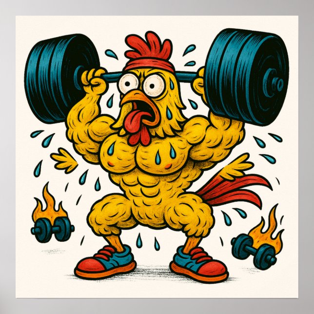 Buff Chicken Lifting Weights Poster (Front)