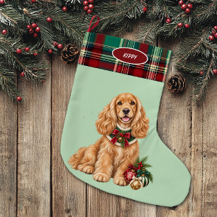 Buff Cocker Spaniel Dog Plaid Border  Large Christmas Stocking