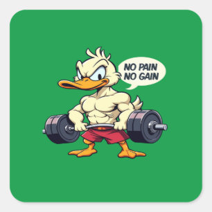 Buff Duck No Pain No Gain Gym Workout Cartoon Square Sticker