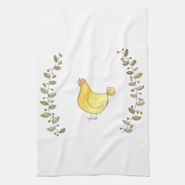 Buff Hen and Branches Kitchen Towel (Vertical)