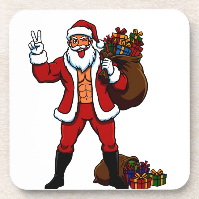 Buff Santa Peace Sign! Ripped Abs & Funny Christma Coaster (Front)
