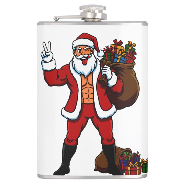 Buff Santa Peace Sign! Ripped Abs & Funny Christma Hip Flask (Front)