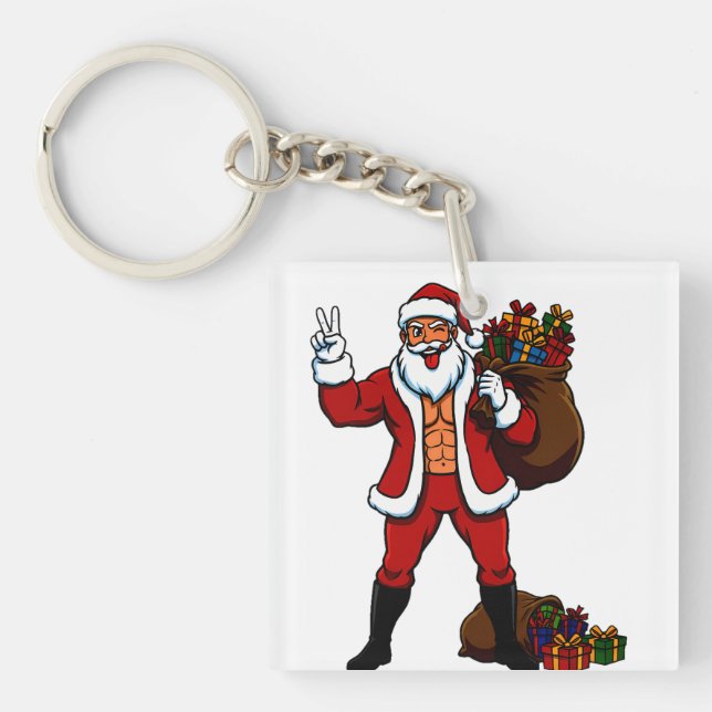 Buff Santa Peace Sign! Ripped Abs & Funny Christma Keychain (Front)