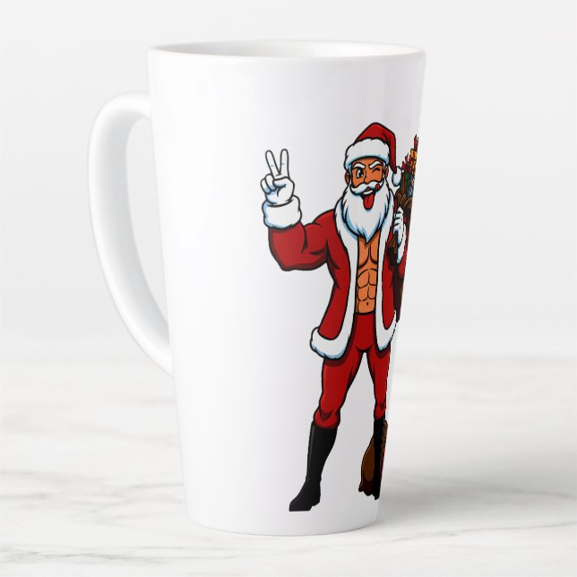 Buff Santa Peace Sign! Ripped Abs & Funny Christma Latte Mug (Left Angle)
