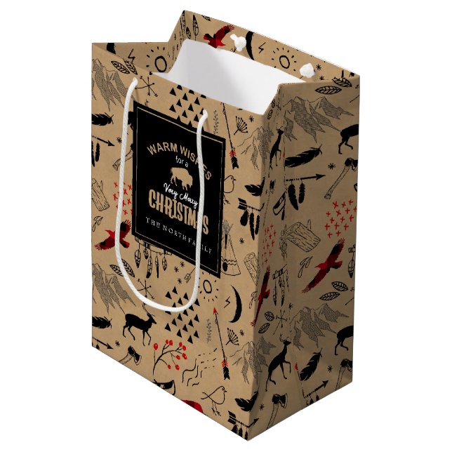 Buffalo Adventures Pattern Label Kraft/Red  ID599 Medium Gift Bag (Front Angled)