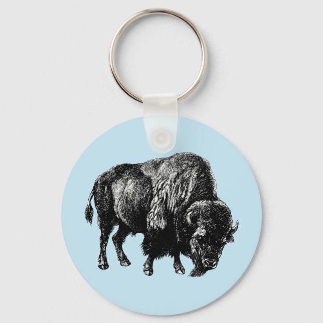 Buffalo American Bison Vintage Wood Engraving Keyc Keychain (Front)