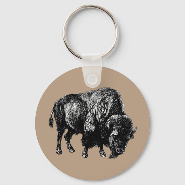 Buffalo American Bison Vintage Wood Engraving Keyc Keychain (Front)