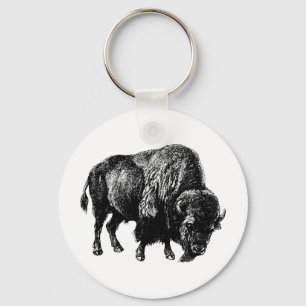 Buffalo American Bison Vintage Wood Engraving Keychain