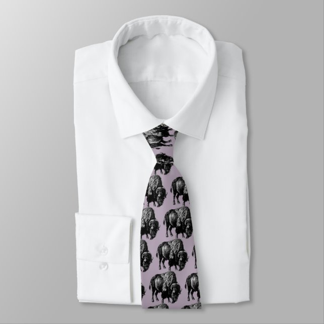 Buffalo American Bison Vintage Wood Engraving Neck Tie (Tied)