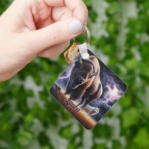 Buffalo and Wolf in a Thunderstorm with Lightning Keychain