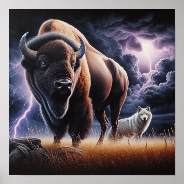 Buffalo and Wolf in a Thunderstorm with Lightning Poster (Front)