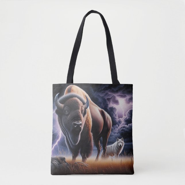 Buffalo and Wolf in a Thunderstorm with Lightning  Tote Bag (Front)