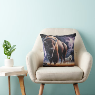 Buffalo and Wolf Thunderstorm Lightning Wildlife  Throw Pillow