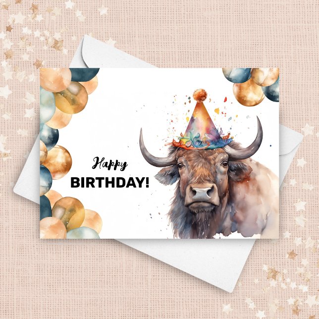 Buffalo Balloons and Party Hat Wild Bison Birthday Card (Creator Uploaded)