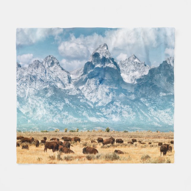 Buffalo Below the Grand Teton Mountains Fleece Blanket (Front (Horizontal))