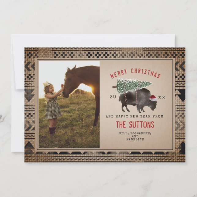 Buffalo Bison Burlap Merry Christmas Tree Photo Holiday Card (Front)