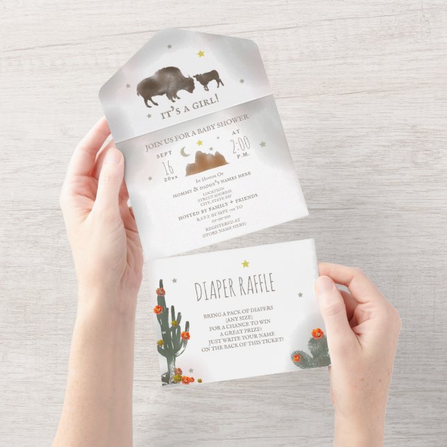 Buffalo Bison Cacti Diaper Raffle Girl Baby Shower All In One Invitation (Tearaway)