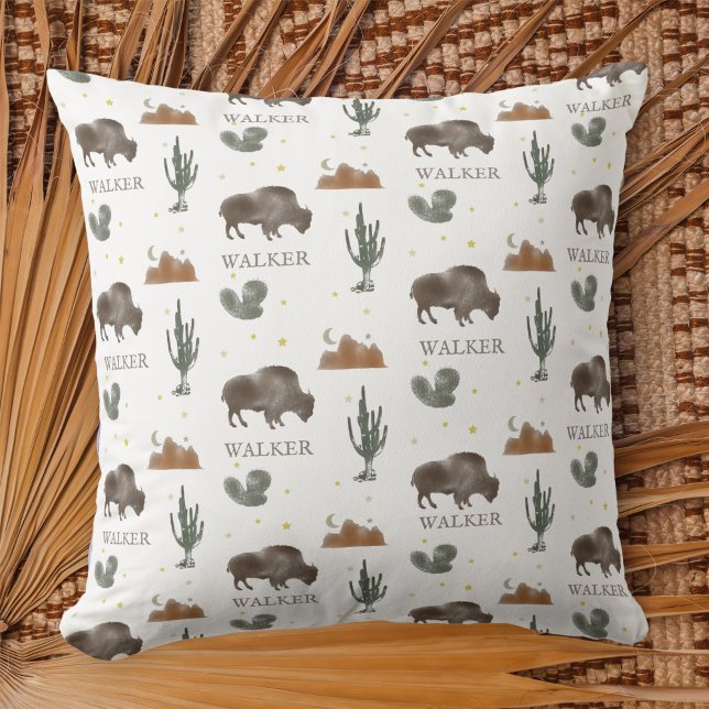 Buffalo Bison Cactus Desert Moon Throw Pillow (Creator Uploaded)