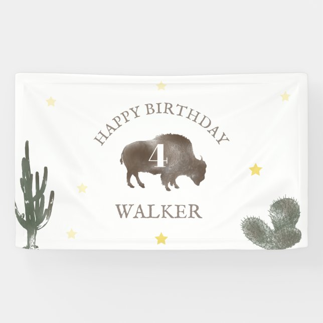 Buffalo Bison Cactus Desert Ranch Western Birthday Banner (Horizontal)