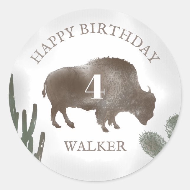 Buffalo Bison Desert Cactus Ranch Western Birthday Classic Round Sticker (Front)