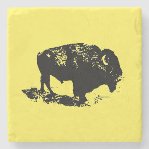 Buffalo Bison Lithograph Elegant Black Yellow Stone Coaster