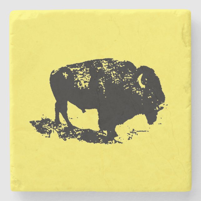 Buffalo Bison Lithograph Elegant Black Yellow Stone Coaster (Front)