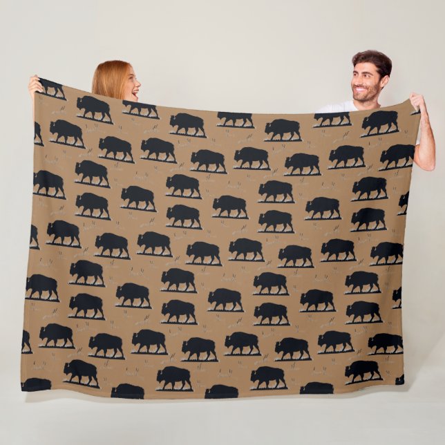 Buffalo Bison Silhouette Grassland Pattern Fleece Blanket (In Situ)