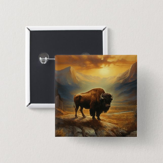 Buffalo Bison Sunset Silhouette  2 Inch Square Button (Front & Back)