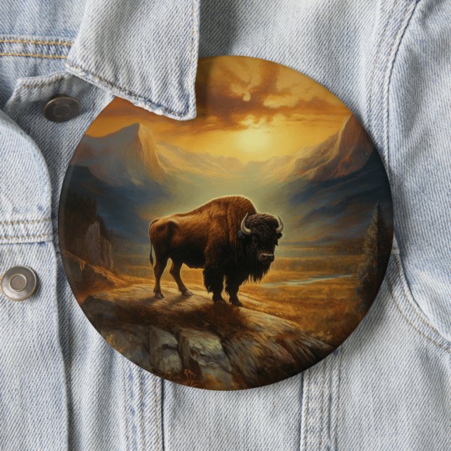 Buffalo Bison Sunset Silhouette  6 Inch Round Button (In Situ)