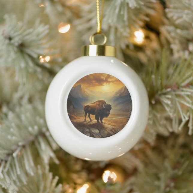 Buffalo Bison Sunset Silhouette  Ceramic Ball Christmas Ornament (Tree)