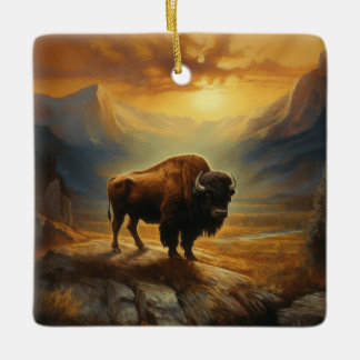 Buffalo Bison Sunset Silhouette  Ceramic Ornament