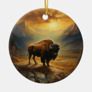 Buffalo Bison Sunset Silhouette Ceramic Ornament
