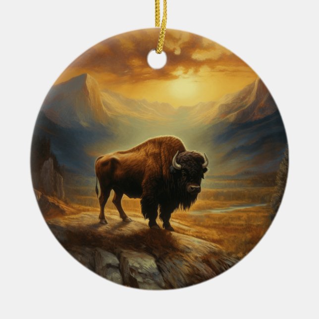 Buffalo Bison Sunset Silhouette  Ceramic Ornament (Front)
