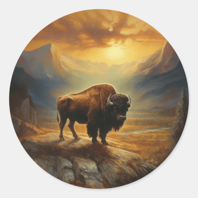 Buffalo Bison Sunset Silhouette Classic Round Sticker (Front)