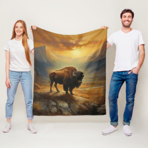 Buffalo Bison Sunset Silhouette Fleece Blanket