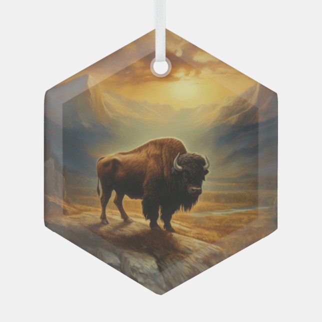 Buffalo Bison Sunset Silhouette  Glass Ornament (Front)