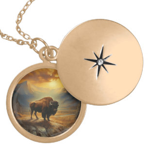 Buffalo Bison Sunset Silhouette  Gold Plated Necklace