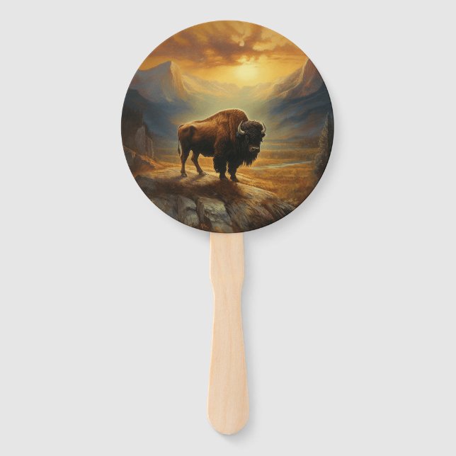 Buffalo Bison Sunset Silhouette Hand Fan (Front)