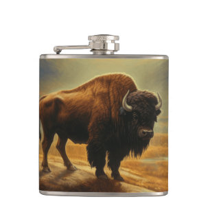 Buffalo Bison Sunset Silhouette Hip Flask
